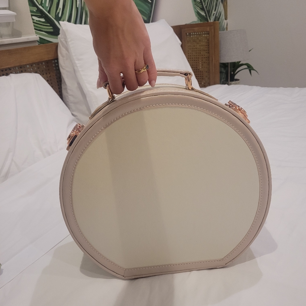 COTRUNKAGE Round Hat Box Vintage Luggage Cosmetic Case Bridal Storage Pink Cream